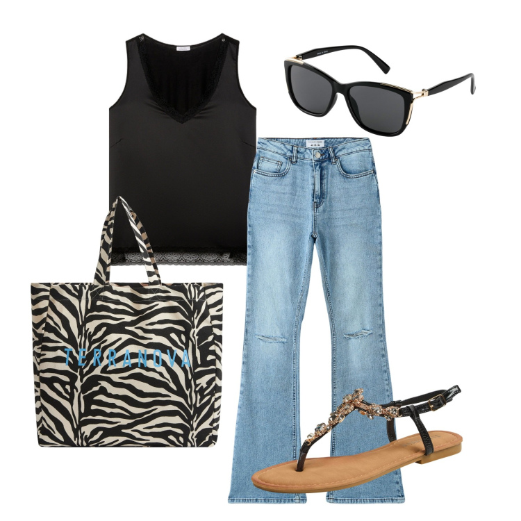 Outfit donna - Ghost outfitter - giugno. Stile Casual chic per Tutti i giorni. Abbinamento con occhiali da sole, borse tote, jeans a zampa, sandali gioiello, top.