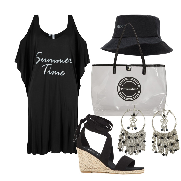 Outfit donna - Ghost outfitter - giugno. Stile Casual per Mare. Abbinamento con vestiti da spiaggia, sandali, shopping bag, cappelli, orecchini.