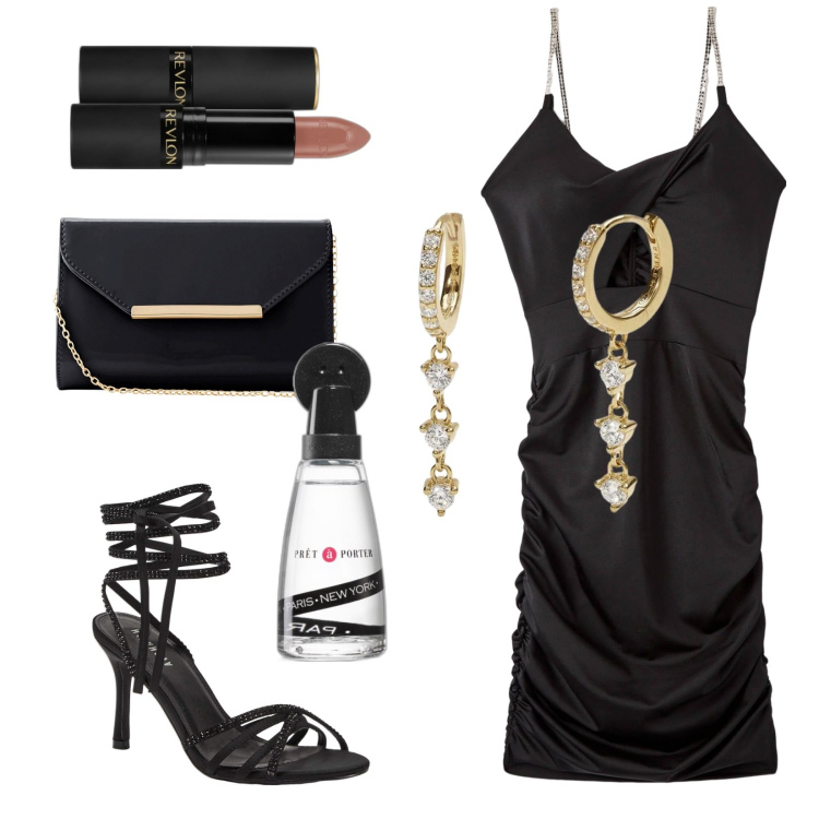 Outfit donna - Scintilla. Stile Sexy per Serata fuori. Abbinamento con pochette, rossetti, profumi, vestiti, sandali alla schiava, orecchini.