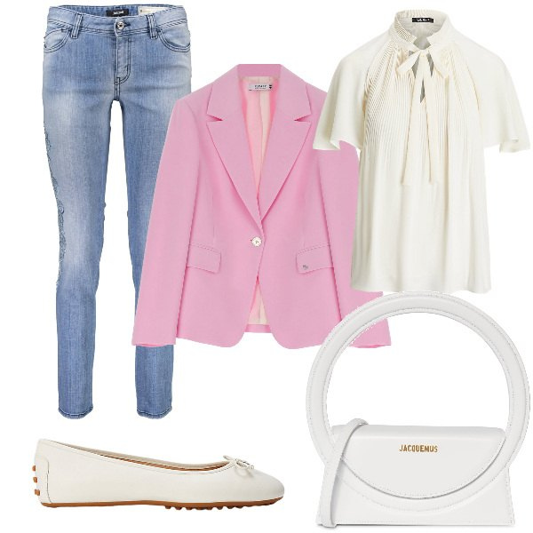 Outfit donna - Total look #1903638. Stile Casual chic per Ufficio. Abbinamento con blazer, camicie, ballerine, borse a mano, jeans.