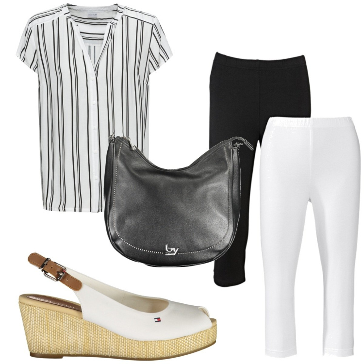 Outfit donna - Total look #1903640. Stile Trendy per Tutti i giorni. Abbinamento con leggings, camicie a manica corta, borse a spalla, sandali col tacco.