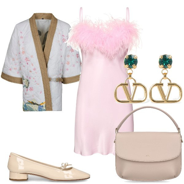 Outfit donna - Total look #1903647. Stile Glamour per Serata fuori. Abbinamento con kimono, vestiti, orecchini, ballerine, borse a spalla.