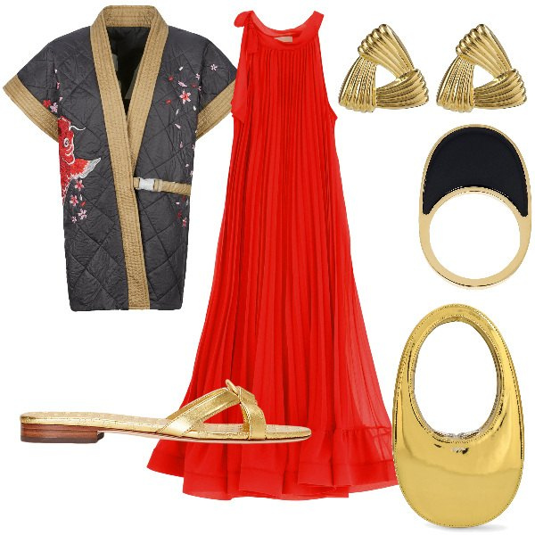 Outfit donna - Total look #1903652. Stile Etnico per Serata fuori. Abbinamento con vestiti lunghi, kimono, ciabatte, borse a mano, orecchini, anelli.