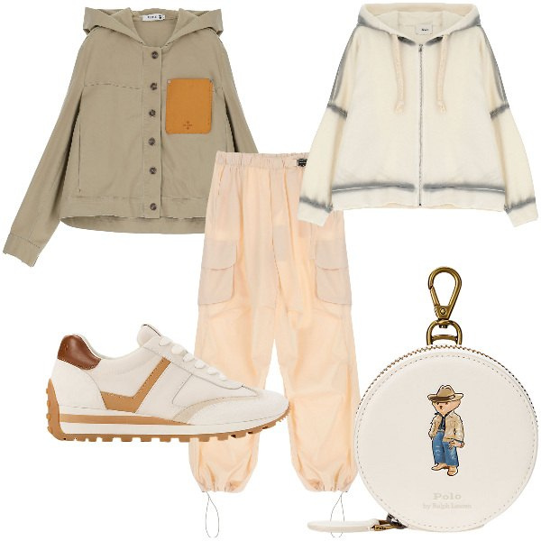Outfit donna - Total look #1903653. Stile Casual per Tutti i giorni. Abbinamento con blazer, pantaloni cargo, felpe con cappuccio, sneakers, portamonete.