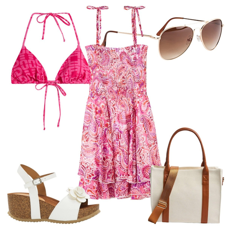 Outfit donna - Estate con... il vestito. Stile Trendy per Mare. Abbinamento con sandali, occhiali da sole, vestiti, shopping bag, bikini.