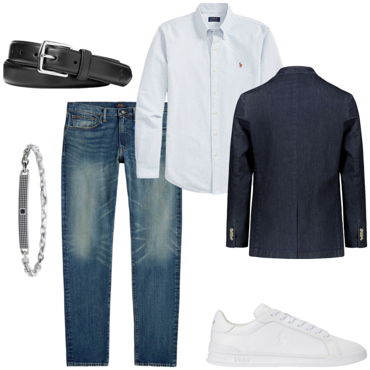 Outfit uomo - In ufficio. Stile Casual per Ufficio. Abbinamento con braccialetti, cinture, sneakers, camicie, jeans, giacche.