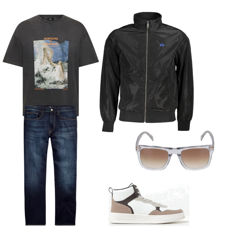 Outfit uomo - Completo per tutti i giorni. Stile Casual per Tutti i giorni. Abbinamento con jeans dritti, occhiali da sole, giacche, sneakers, t-shirt.