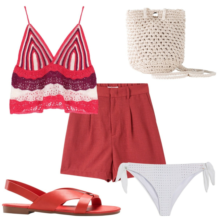 Outfit donna - Total look #1903702. Stile Etnico per Mare. Abbinamento con sandali, borse a tracolla, bermuda, top, bikini.