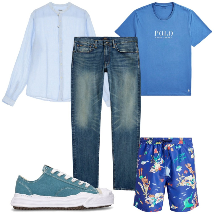 Outfit uomo - Total look #1903709. Stile Trendy per Mare. Abbinamento con camicie, t-shirt, jeans, costumi, sneakers.