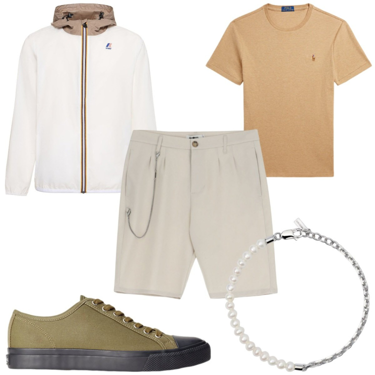 Outfit uomo - Total look #1903712. Stile Trendy per Tutti i giorni. Abbinamento con braccialetti, bermuda, sneakers, t-shirt, giacche.