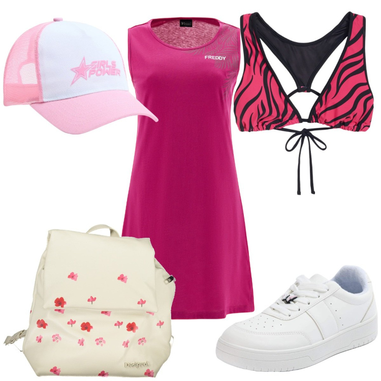 Outfit donna - Total look #1903722. Stile Trendy per Mare. Abbinamento con cappelli, sneakers, vestiti senza maniche, bikini, zaini.