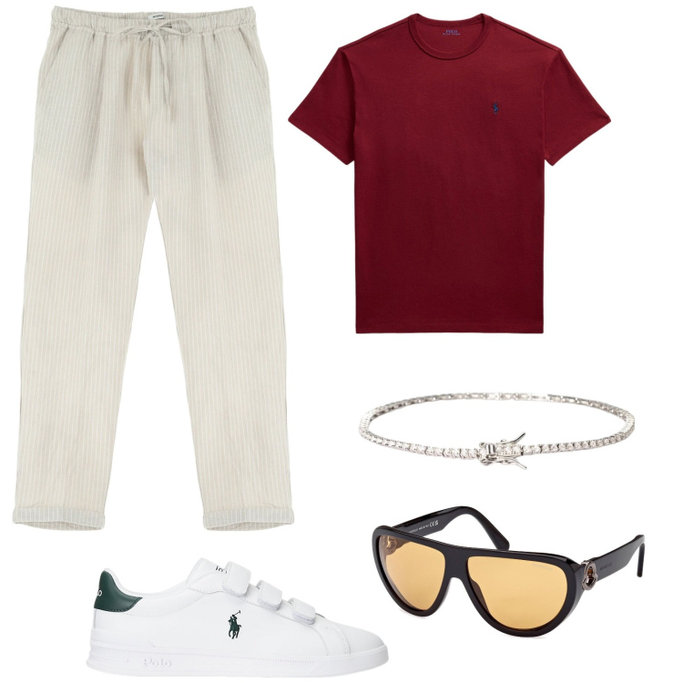 Outfit uomo - Pantaloni in lino. Stile Casual per Tutti i giorni. Abbinamento con braccialetti, pantaloni, sneakers, t-shirt, occhiali da sole.