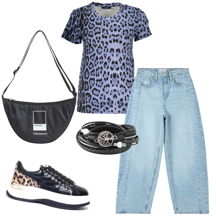 Outfit donna - Grintoso jeans. Stile Casual per Tutti i giorni. Abbinamento con braccialetti, jeans, marsupi, sneakers, t-shirt.