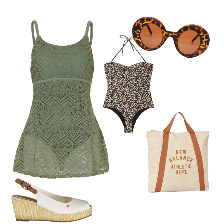 Outfit donna - Che grinta al mare. Stile Trendy per Mare. Abbinamento con vestiti da spiaggia, costumi interi, borse a mano, sandali col tacco, occhiali da sole.