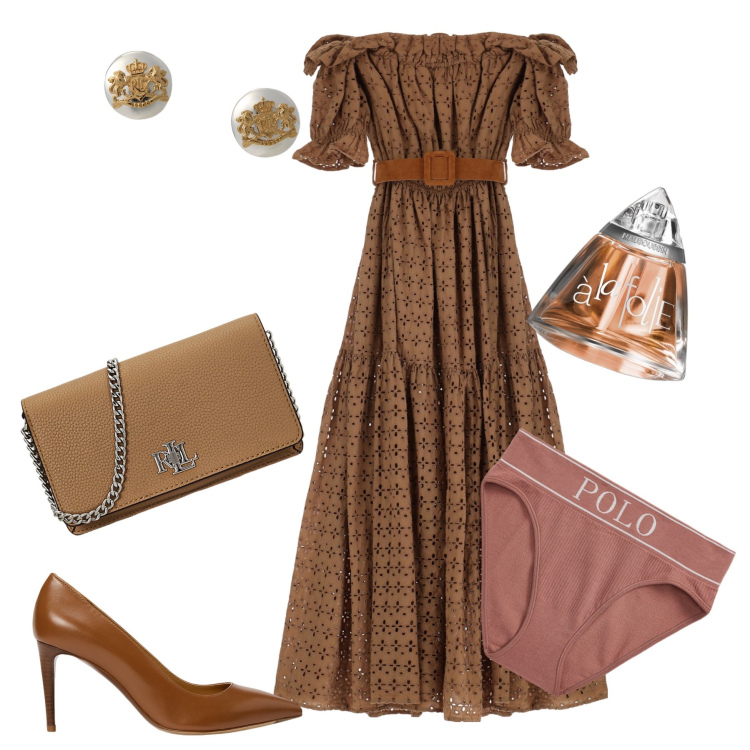 Outfit donna - Vestito off shoulders. Stile Chic per Serata fuori. Abbinamento con profumi, orecchini, culotte, décolleté, borse a mano, vestiti lunghi.