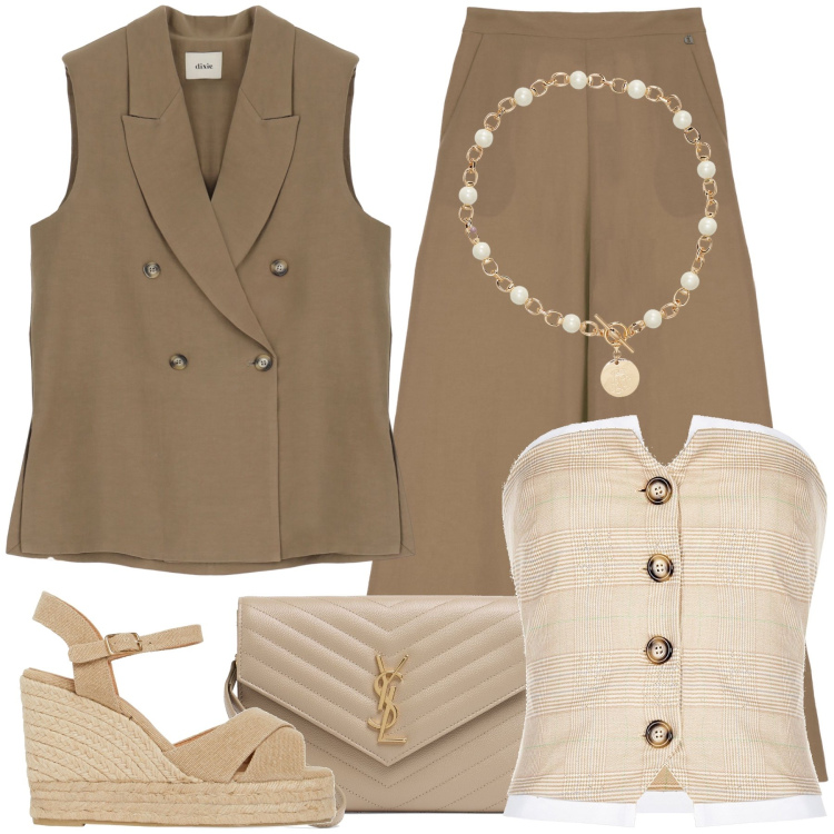 Outfit donna - Minimal. Stile Minimal per Ufficio. Abbinamento con top, gilet, pantaloni a palazzo, collane, pochette, espadrillas.