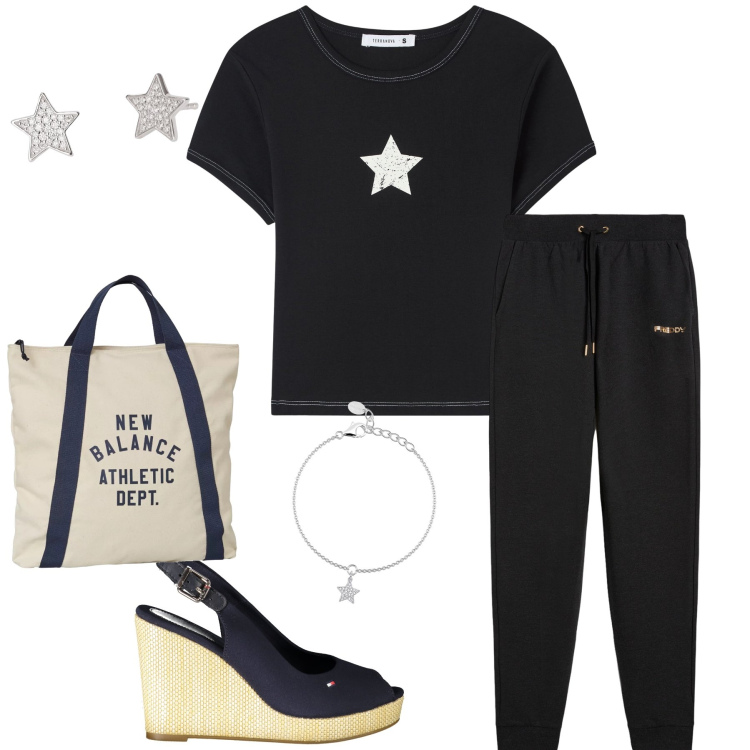 Outfit donna - Stars. Stile Basic per Tutti i giorni. Abbinamento con t-shirt, braccialetti con ciondoli, orecchini, borse a mano, pantaloni, sandali.