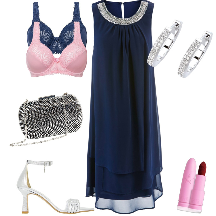 Outfit donna - Festa di strass. Stile Chic per Cerimonia. Abbinamento con vestiti, reggiseni, rossetti, orecchini, clutch, décolleté.
