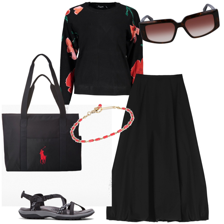 Outfit donna - In giro in città. Stile Bon Ton per Tutti i giorni. Abbinamento con sandali, gonne longuette, borse tote, maglieria, occhiali da sole, braccialetti.