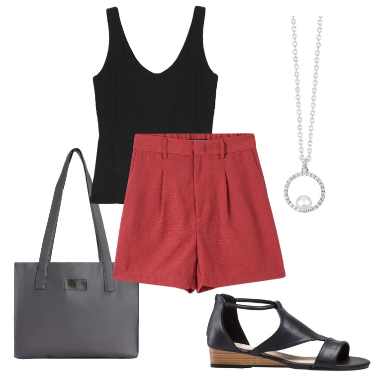 Outfit donna - Elegante con gli shorts. Stile Bon Ton per Tutti i giorni. Abbinamento con sandali, bermuda, collane, shopping bag, top.