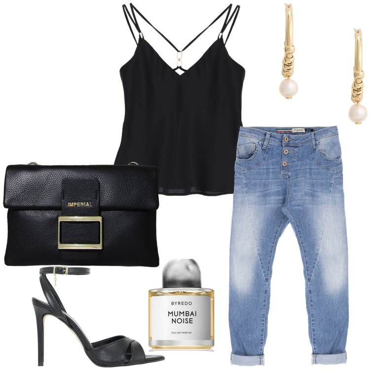 Outfit donna - Aperitivo. Stile Sexy per Serata fuori. Abbinamento con profumi, jeans slim fit, canottiere, pochette, décolleté, orecchini.