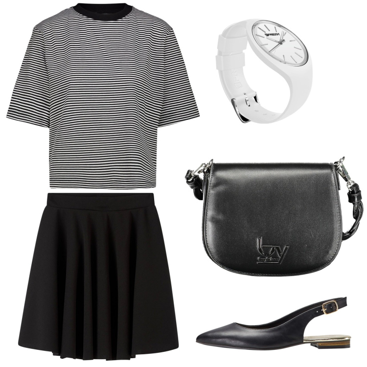 Outfit donna - Minimale in bianco e nero. Stile Minimal per Tutti i giorni. Abbinamento con ballerine, gonne, orologi, borse a spalla, t-shirt.