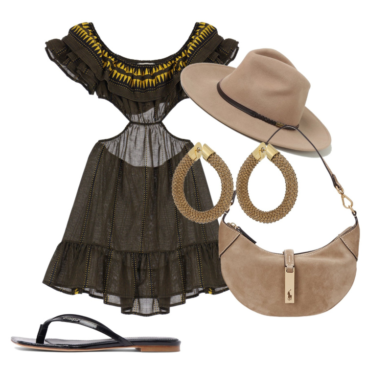 Outfit donna - Ghost outfitter - giugno. Stile Casual chic per Tutti i giorni. Abbinamento con borse a spalla, vestiti corti, orecchini, infradito, cappelli.
