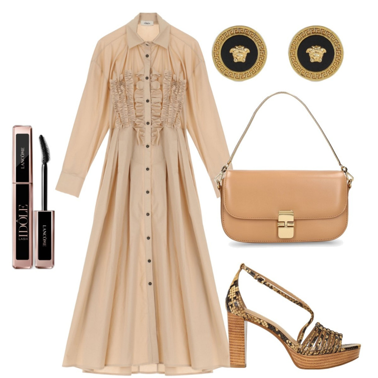 Outfit donna - Ruches e bottoncini. Stile Chic per Serata fuori. Abbinamento con mascara, sandali in pelle, vestiti lunghi, orecchini, pochette.