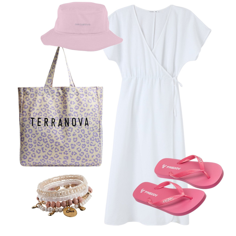 Outfit donna - Total look. Stile Basic per Tutti i giorni. Abbinamento con braccialetti, vestiti lunghi, shopping bag, cappelli, infradito.