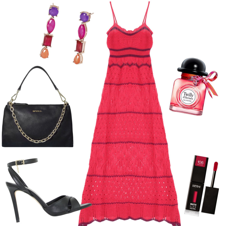 Outfit donna - Lady in red. Stile Glamour per Serata fuori. Abbinamento con rossetti, profumi, orecchini, vestiti lunghi, pochette, décolleté.