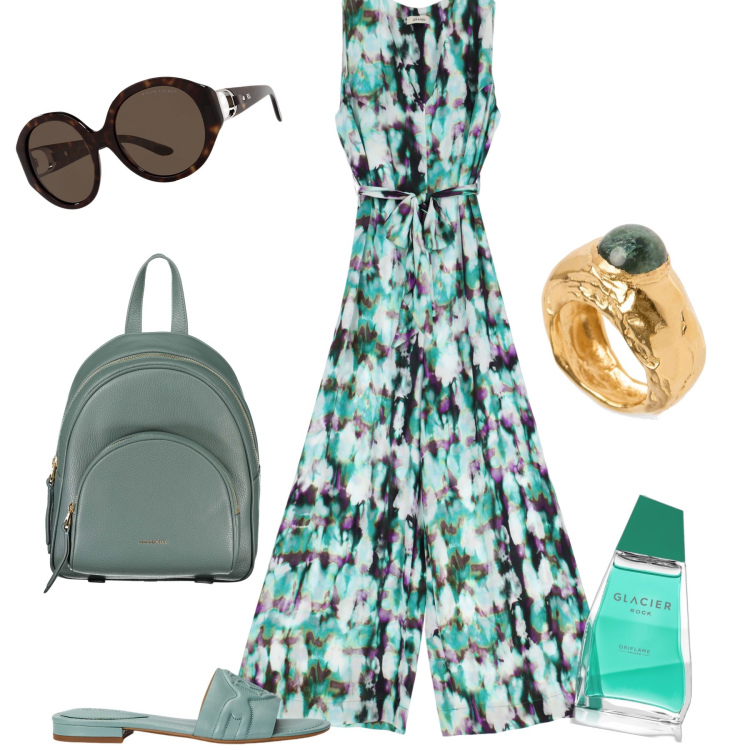 Outfit donna - In verde. Stile Casual chic per Tutti i giorni. Abbinamento con profumi, tute, occhiali da sole, sandali in pelle, anelli, zaini.