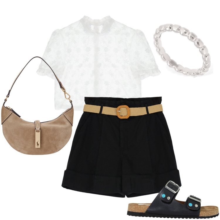 Outfit donna - Gli shorts neri. Stile Urban per Tutti i giorni. Abbinamento con shorts, camicie, borse a spalla, sandali gioiello, anelli.