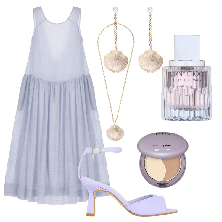 Outfit donna - Una sera d’estate. Stile Glamour per Serata fuori. Abbinamento con profumi, terre, vestiti lunghi, décolleté, collane, orecchini.