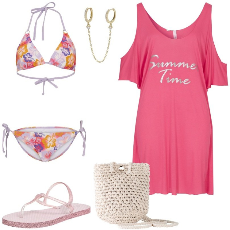 Outfit donna - Borsa in stile bohèmien. Stile Basic per Mare. Abbinamento con vestiti da spiaggia, borse a tracolla, bikini, sandali, orecchini.
