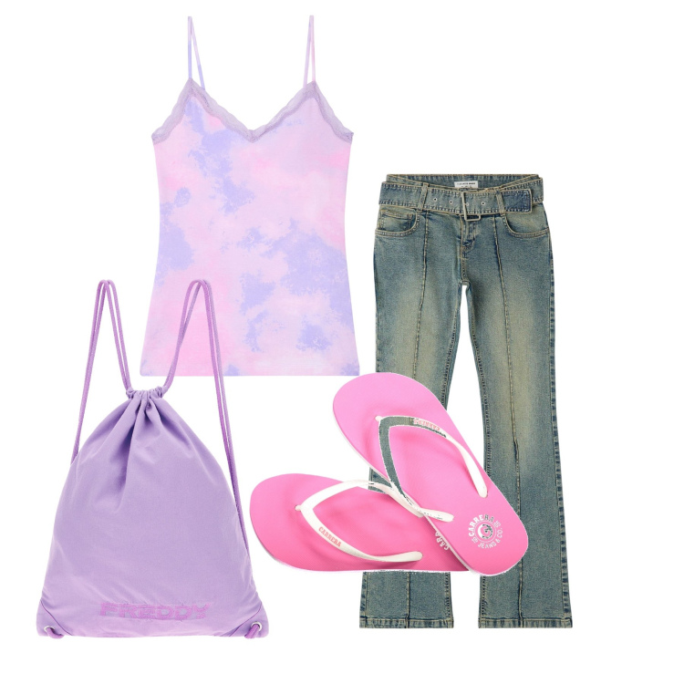 Outfit donna - Ghost outfitter - giugno. Stile Basic per Tutti i giorni. Abbinamento con jeans a zampa, top, zaini, infradito.