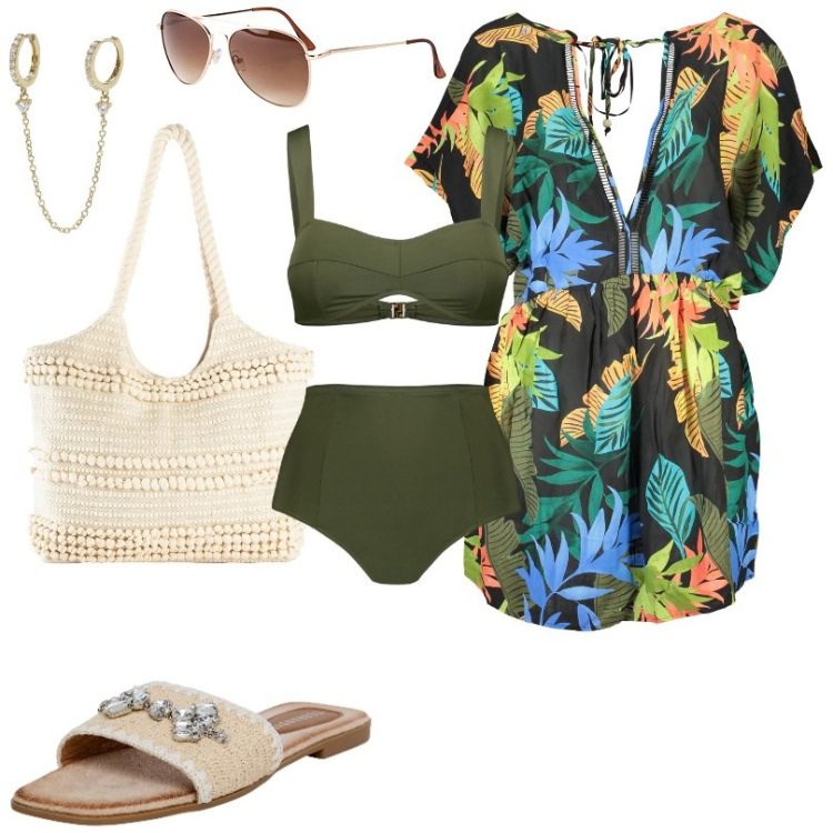 Outfit donna - vestitino per il mare desigual. Stile Casual per Mare. Abbinamento con occhiali da sole, shopping bag, ciabatte, orecchini, bikini, vestiti corti.