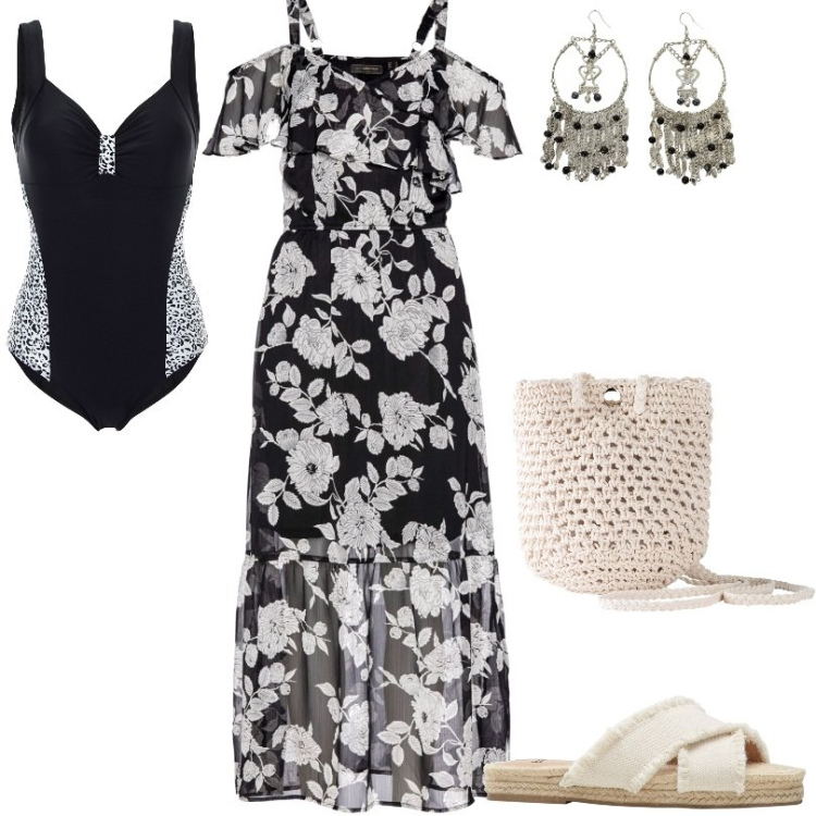 Outfit donna - abito per il mare. Stile Casual per Mare. Abbinamento con ciabatte, vestiti, costumi interi, borse a tracolla, vestiti lunghi, orecchini.