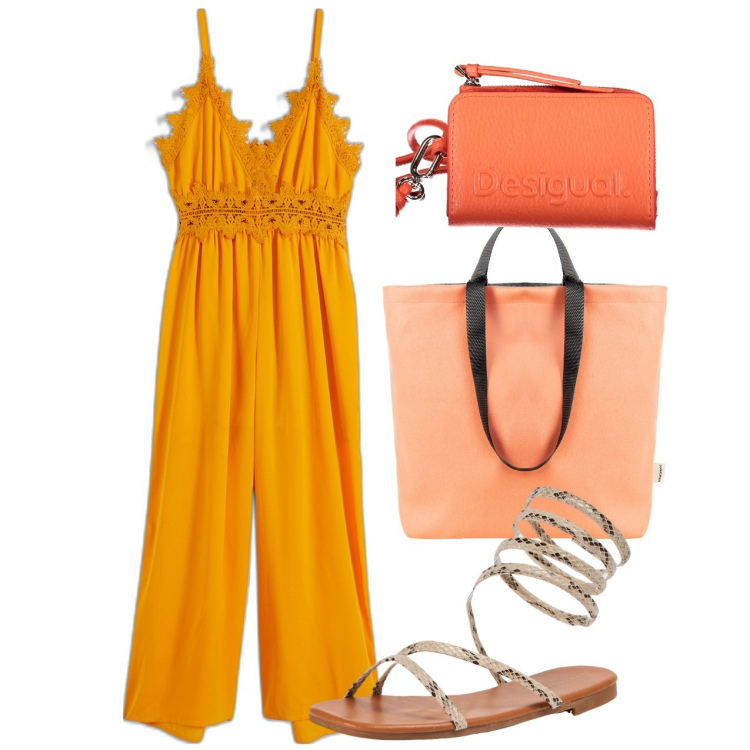 Outfit donna - Jumpsuit mostarda. Stile Bon Ton per Tutti i giorni. Abbinamento con tute, sandali, borse tote, portafogli.