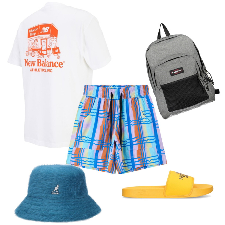 Outfit uomo - Campeggio estivo. Stile Casual per Sport. Abbinamento con bermuda, t-shirt, cappelli, borse sportive, sandali.