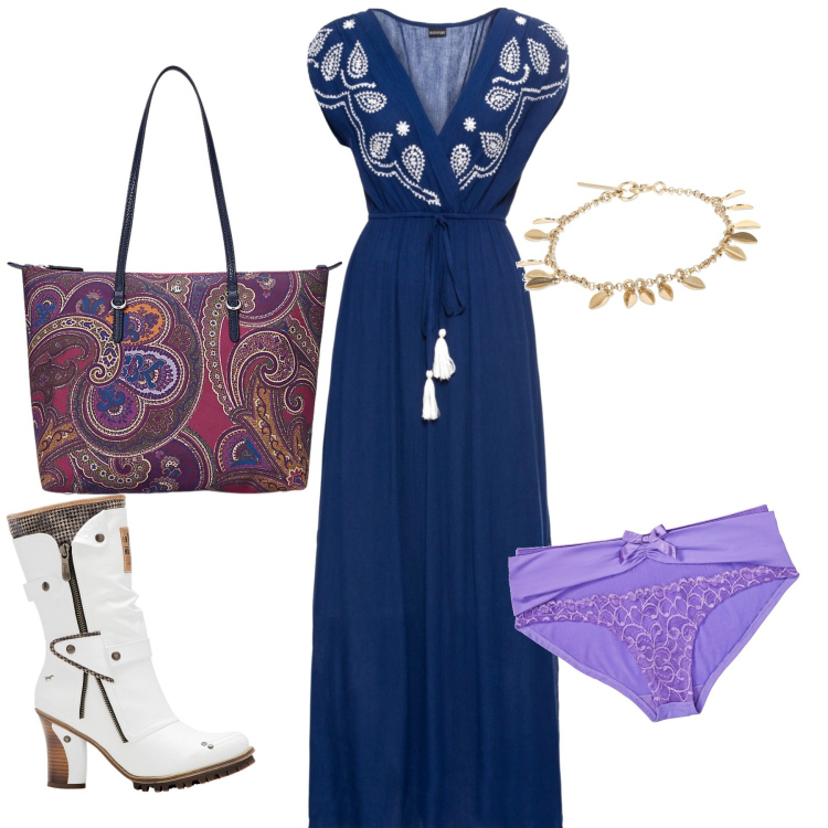 Outfit donna - Etnico total look. Stile Etnico per Tutti i giorni. Abbinamento con vestiti lunghi, stivali, culotte, borse tote, braccialetti.