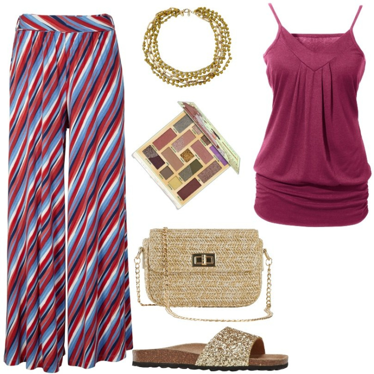 Outfit donna - Total look #1903872. Stile Etnico per Tutti i giorni. Abbinamento con top, borse a mano, ciabatte, pantaloni a palazzo, ombretti, collane.