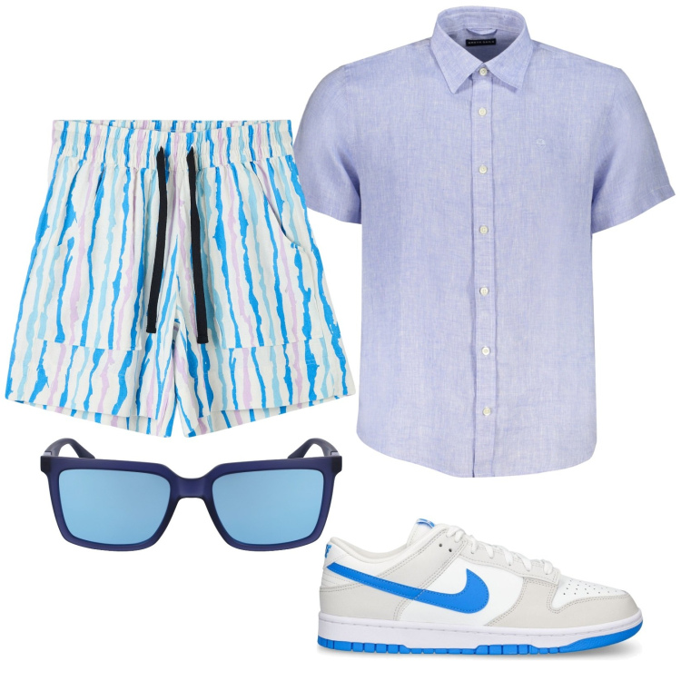 Outfit uomo - Periodo di riposo. Stile Trendy per Mare. Abbinamento con bermuda, occhiali da sole, camicie a manica corta, sneakers.