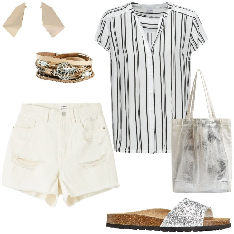 Outfit donna - Total look #1903877. Stile Basic per Tutti i giorni. Abbinamento con braccialetti, camicie a manica corta, ciabatte, shorts, shopping bag, orecchini.