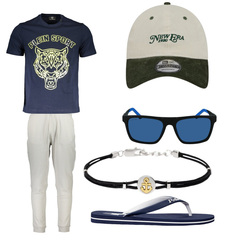 Outfit uomo - Giornate calde. Stile Casual per Tutti i giorni. Abbinamento con braccialetti, sandali, cappelli con visiera, t-shirt, occhiali da sole, pantaloni.
