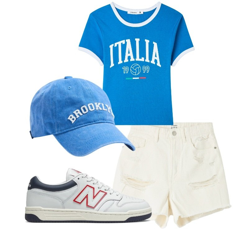 Outfit donna - Una serata allo stadio. Stile Casual per Tutti i giorni. Abbinamento con cappelli, shorts, t-shirt sportive, sneakers.