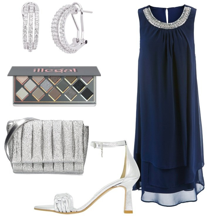 Outfit donna - Abito blu con perle. Stile Chic per Serata fuori. Abbinamento con vestiti, ombretti, orecchini, décolleté, borse a spalla.