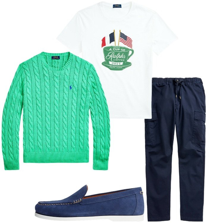 Outfit uomo - Un maglioncino in cotone per la sera. Stile Casual per Serata speciale. Abbinamento con scarpe stringate, maglieria, pantaloni cargo, t-shirt.