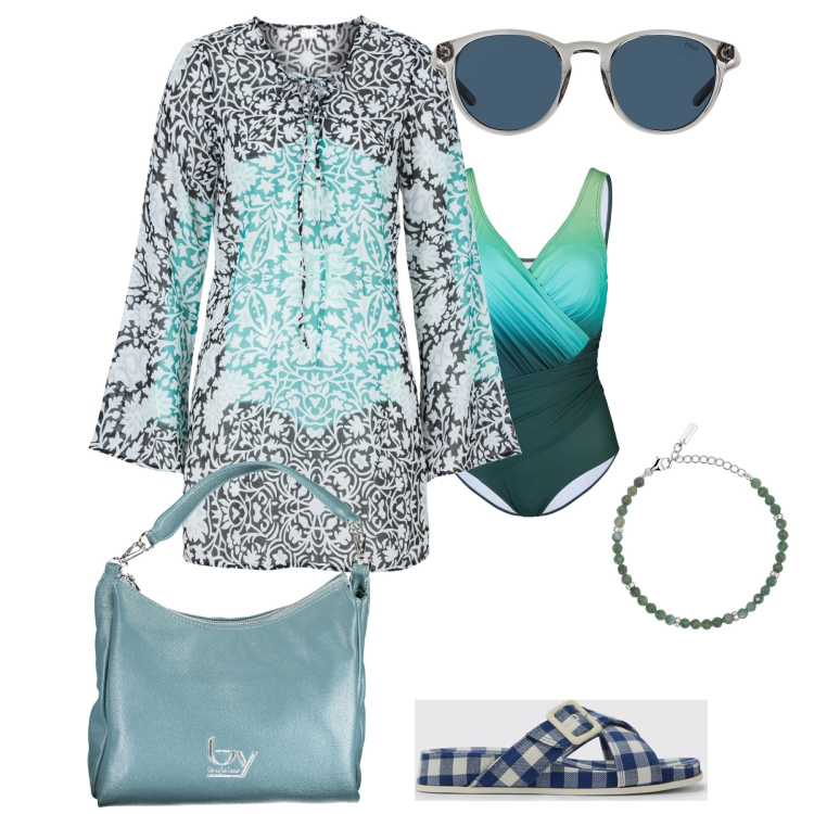 Outfit donna - Quanto è profondo il mare. Stile Glamour per Mare. Abbinamento con vestiti da spiaggia, costumi interi, braccialetti, occhiali da sole, borse a spalla, sandali.
