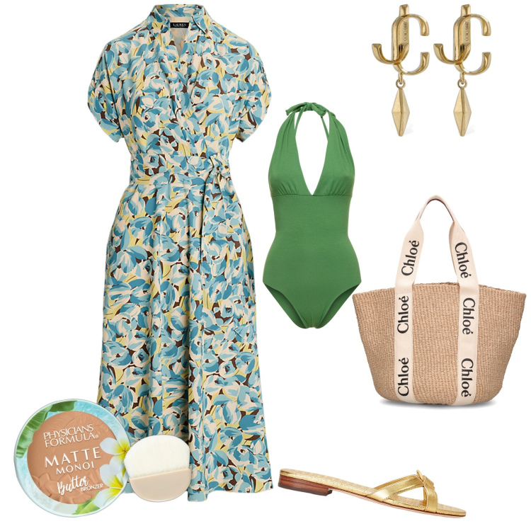 Outfit donna - Una lady in spiaggia. Stile Chic per Mare. Abbinamento con terre, ciabatte, vestiti, orecchini, shopping bag, costumi interi.