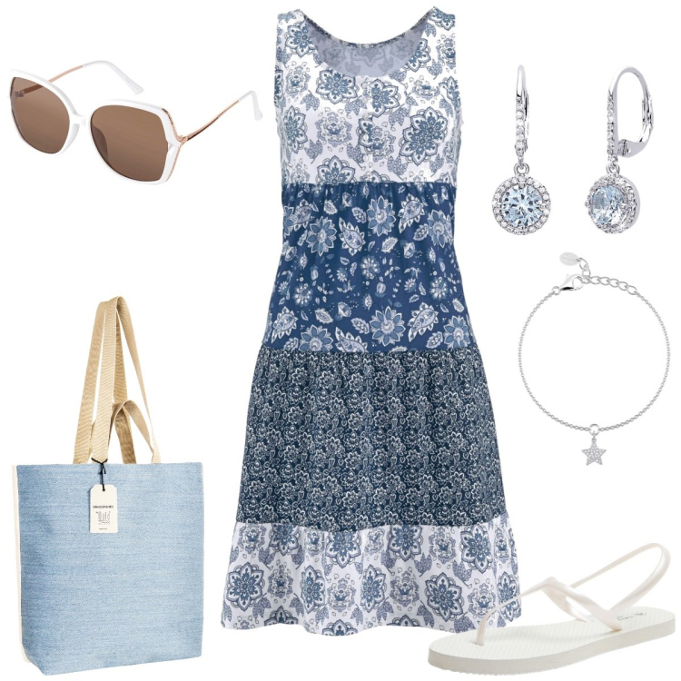 Outfit donna - Total look #1903963. Stile Romantica per Tutti i giorni. Abbinamento con vestiti corti, occhiali da sole, sandali, braccialetti con ciondoli, orecchini, borse tote.